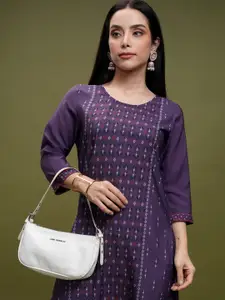 Vishudh Purple Geometric Printed Round Neck Thread Work Straight Kurta