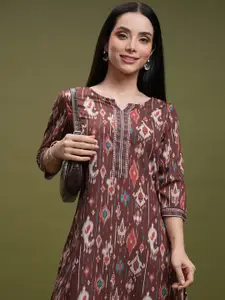 Vishudh Brown Geometric Printed Notch Neck Straight Kurta