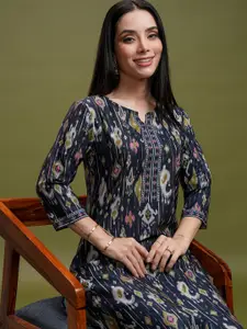 Vishudh Navy Blue Geometric Printed Notch Neck Straight Kurta