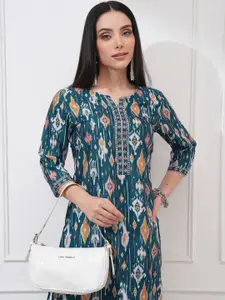 Vishudh Green Geometric Printed Notch Neck Straight Kurta