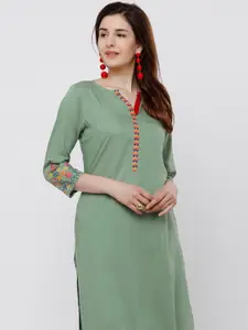 Vishudh Green Floral Printed Notch Neck Straight Kurta
