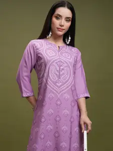 Vishudh Purple Ethnic Motifs Printed Notch Neck Straight Kurta