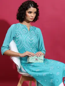 Vishudh Blue Ethnic Motifs Printed Notch Neck Straight Kurta