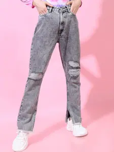 Tokyo Talkies Women Straight Fit Highly Distressed Heavy Fade Jeans