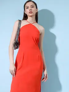 Tokyo Talkies Women Solid Halter Neck A-Line Midi Dress