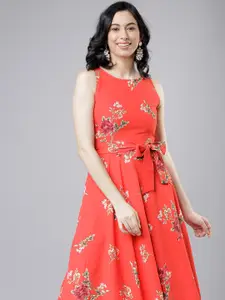 Tokyo Talkies Floral Printed Fit & Flare Maxi Dress With Waist Tie-up