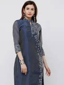 Vishudh Blue Floral Printed Mandarin Collar Straight Chanderi Kurta
