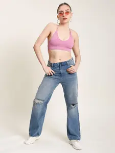 Bene Kleed Women Classic Straight Fit Slash Knee Pure Cotton Light Fade Jeans