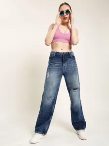 Bene Kleed Women Straight Fit High-Rise Slash Knee Medium Fade Jeans