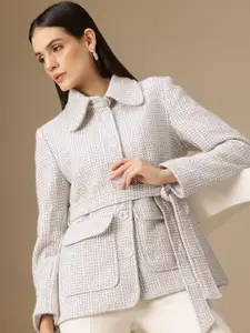 Chemistry Single-Breasted Self-Design Shimmer Blazer with Belt