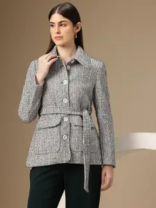 Chemistry Single-Breasted Self-Design Shimmer Blazer with Belt