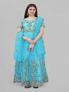 JULEE Floral Embroidered Net Fit & Flare Maxi Dress Rangoli Firozi-Firozi