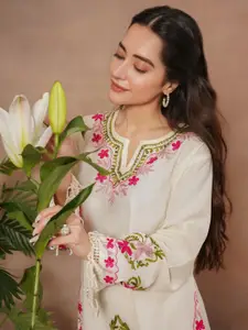 HOUSE OF KARI Falak Kashmiri Embroidered Flared Sleeves Thread Work Cotton Straight Kurta