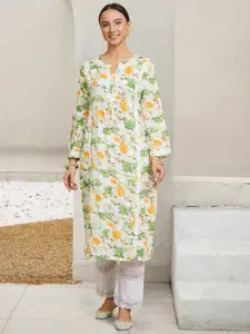 HOUSE OF KARI Floral Printed Round Neck Chikankari Cotton Straight Kurta