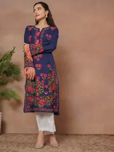 HOUSE OF KARI Falak Kashmiri Embroidered Flared Sleeves Thread Work Cotton Straight Kurta