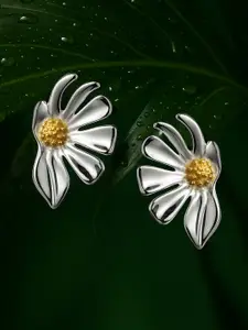 Rubans Silver-Plated Floral Design Statement Stud Earrings with Gold-Toned Center