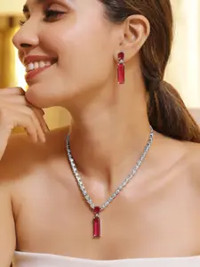 Rubans Rhodium-Plated Ruby Red and White Cubic Zirconia Studded Statement Necklace Set