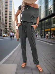 KPOP Women One Shoulder Short Sleeves Basic Jumpsuit