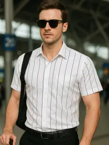 Hancock Men Spread Collar Vertical Striped Cotton Slim Fit Formal Shirt