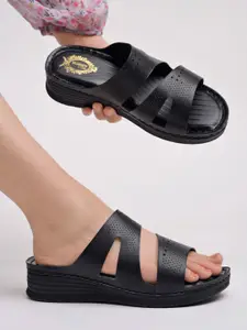 Shoetopia Wedge Sandals with Laser Cuts S-2072-Black-Black