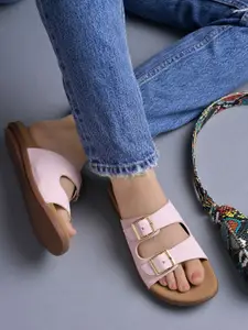 Shoetopia Women Open Toe Flats with Buckles Aero-Pink