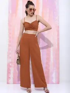 Tokyo Talkies Brown Shoulder Straps Neck Sleeveless Crop Top With Trousers