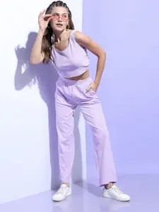 Tokyo Talkies Lavender Round Neck Sleeveless Crop Top With Trousers