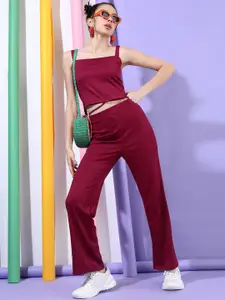 Tokyo Talkies Burgundy Shoulder Straps Crop Top With Trousers