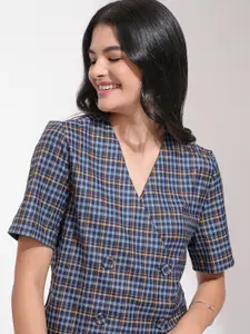 Tokyo Talkies Blue Checked Crop Double-Breasted Blazers