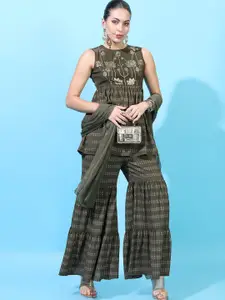 Vishudh Women Floral Printed Peplum Short Kurti With Tiered Sharara And Dupatta