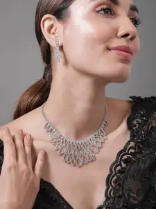Rubans Rhodium Plated AD & Cubic Zirconia Studded Luxurious Leaf Motif Necklace Set
