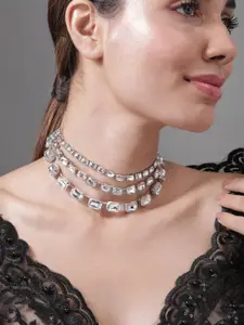 Rubans Rhodium Plated Crystal AD & Zirconia Studded Luxurious Multilayer Necklace