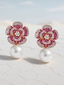 Rubans 22K Rose Gold-Plated RubyPink AD & Cubic Zirconia Studded Floral Pearl Drop Earring