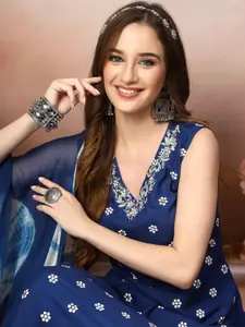 Stylum Blue & White Floral Printed Mirror Work A Line Kurta With Dupatta