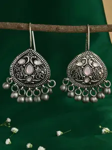 Fida Silver-Plated Artificial Stones Studded Oxidised Contemporary Drop Earrings