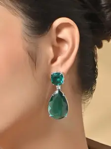 Fida Silver-Plated American Diamond Studded Geometric Drop Earrings