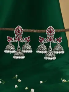 Fida Silver-Plated Pearl Beaded Dome Shaped Jhumkas