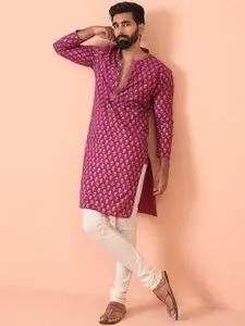 KISAH Men Printed Regular Fit Floral Kurta Churidar Set