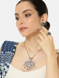 AITIHYA Silver-Plated Oxidised Necklace Set With Ring
