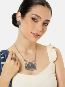 AITIHYA Silver-Plated Oxidised Necklace Set With Ring