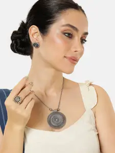 AITIHYA Silver-Plated Oxidised Necklace Set With Ring