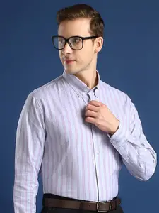 Hancock Men Button-Down Collar Vertical Striped Cotton Slim Fit Formal Shirt
