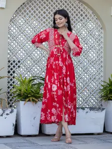 BAESD Floral Embroidered Pure Cotton Fit & Flared Maxi Ethnic Dress
