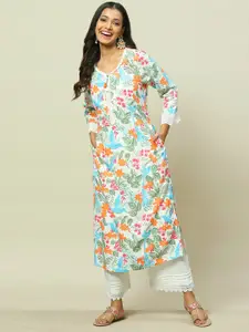 Rangriti Floral Printed Thread Work Straight Kurta