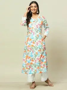 Rangriti Floral Printed Tie-Up Neck Straight Kurta