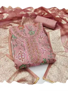 Ishin Pink Floral Embroidered Beads and Stones Organza Unstitched Dress Material