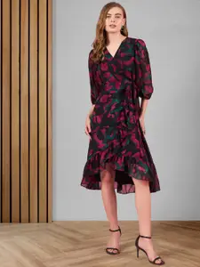 DressBerry Women Abstract Printed Puff Sleeve Warp Dress