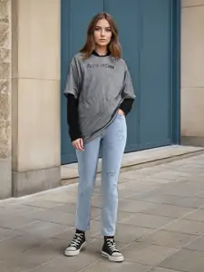 Flying Machine Women Straight Fit High-Rise Mildly Distressed Stretchable Jeans