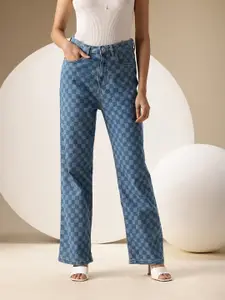 Chemistry Women Checked Straight Fit High-Rise Stretchable Jeans