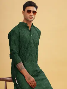Anouk Green Ethnic Motifs Embroidered Mandarin Collar Thread Work Cotton Straight Kurta